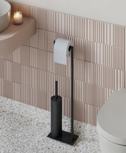 Matte black freestanding toilet paper holder with toilet brush