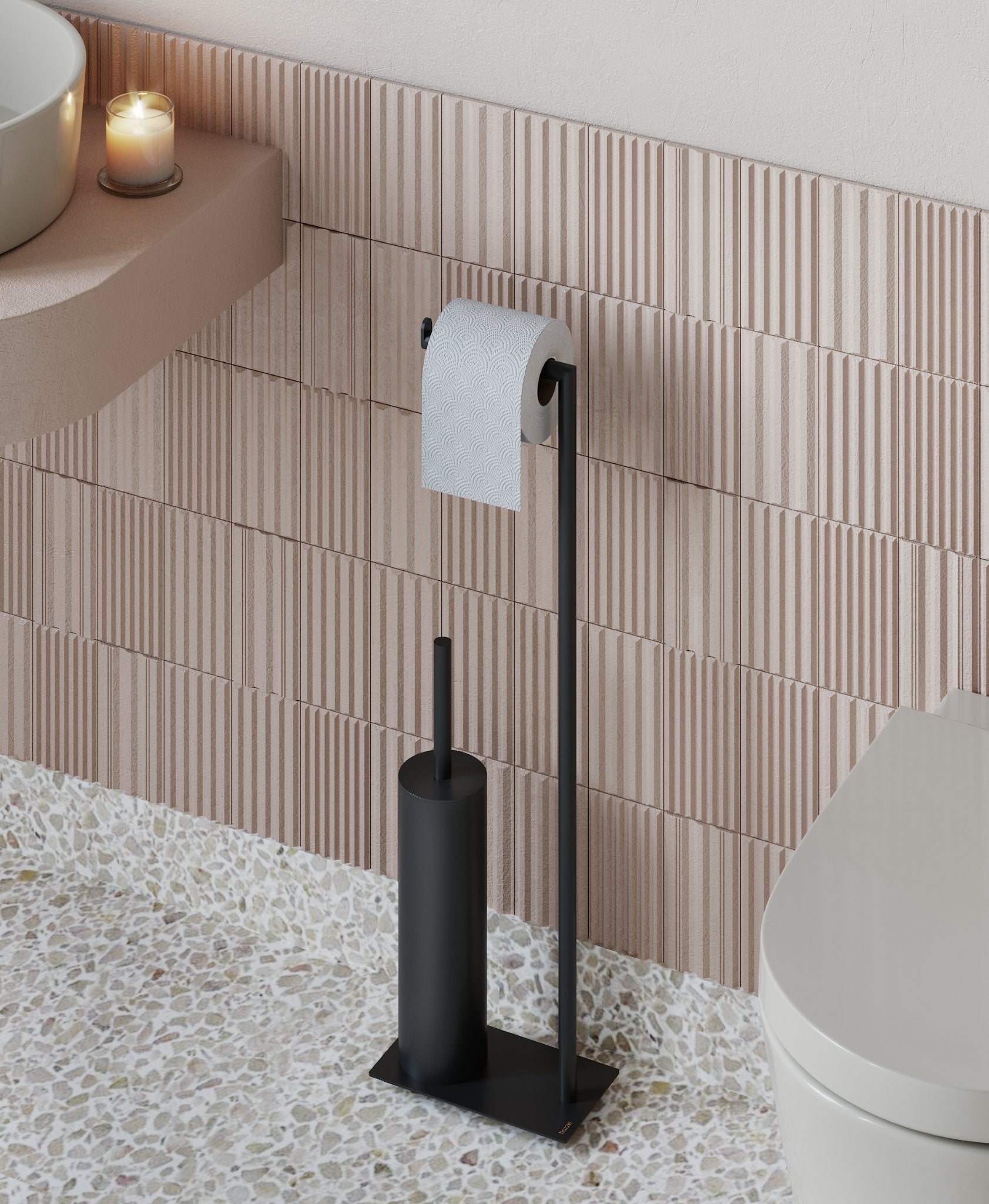 Matte black freestanding toilet paper holder with toilet brush