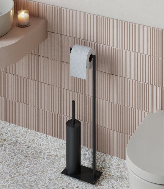 Matte black freestanding toilet paper holder with toilet brush