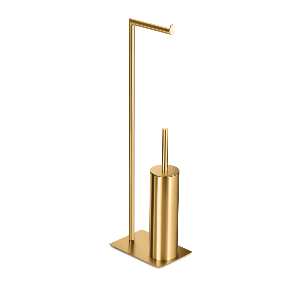 Freestanding toilet paper holder with toilet brush brushed gold