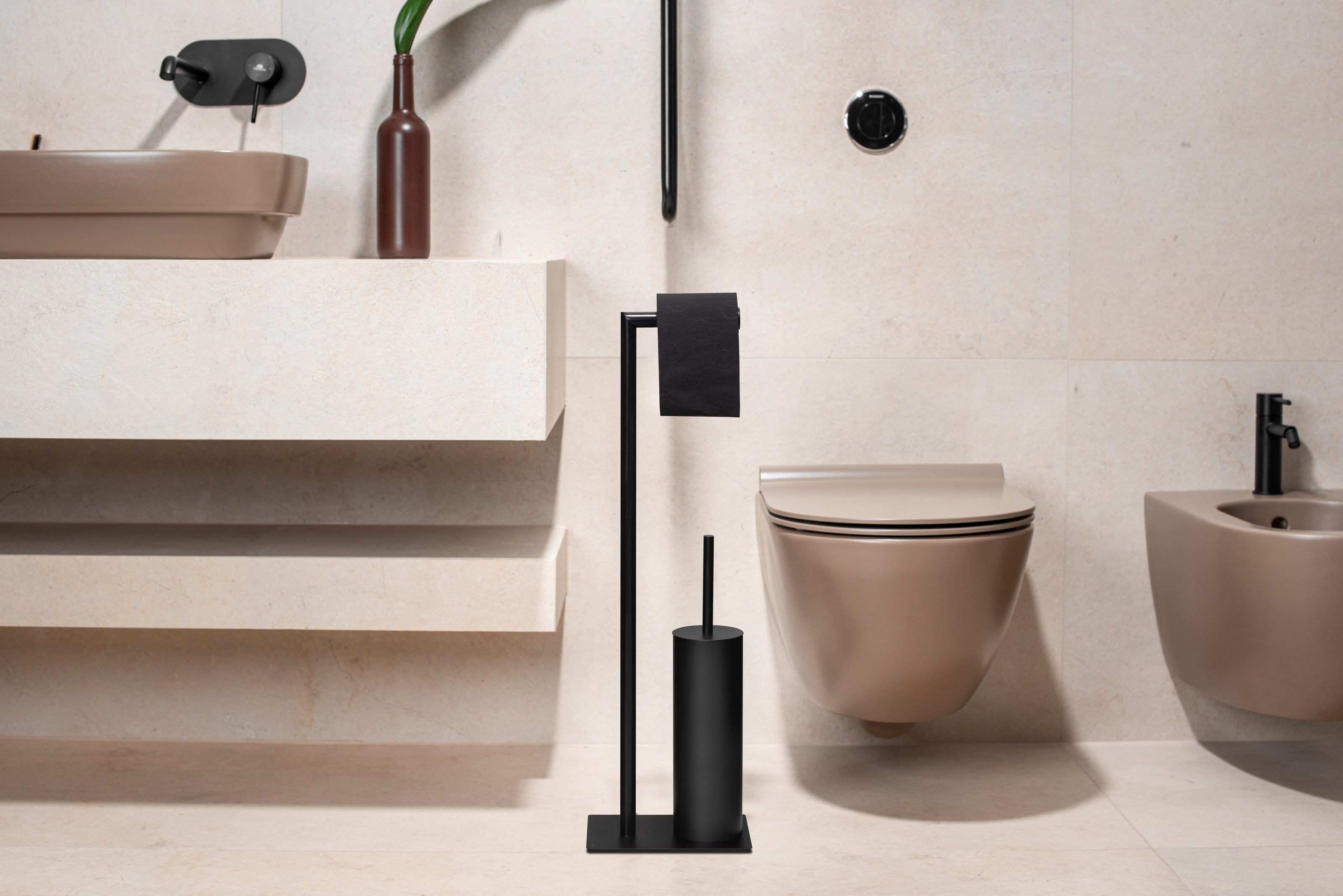 Matte black freestanding toilet paper holder with toilet brush