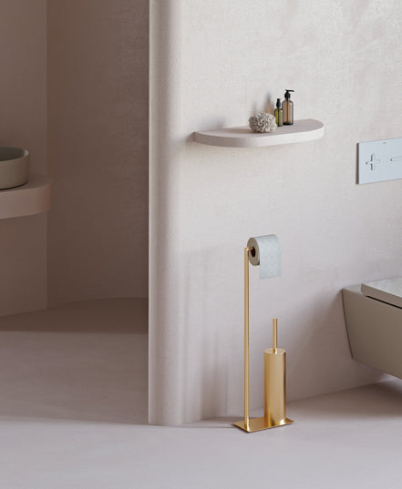 Brushed copper freestanding toilet paper holder with toilet brush