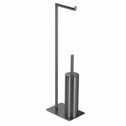 Matte black freestanding toilet paper holder with toilet brush