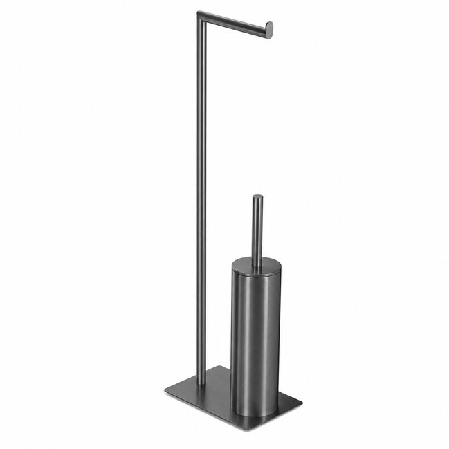 Matte black freestanding toilet paper holder with toilet brush