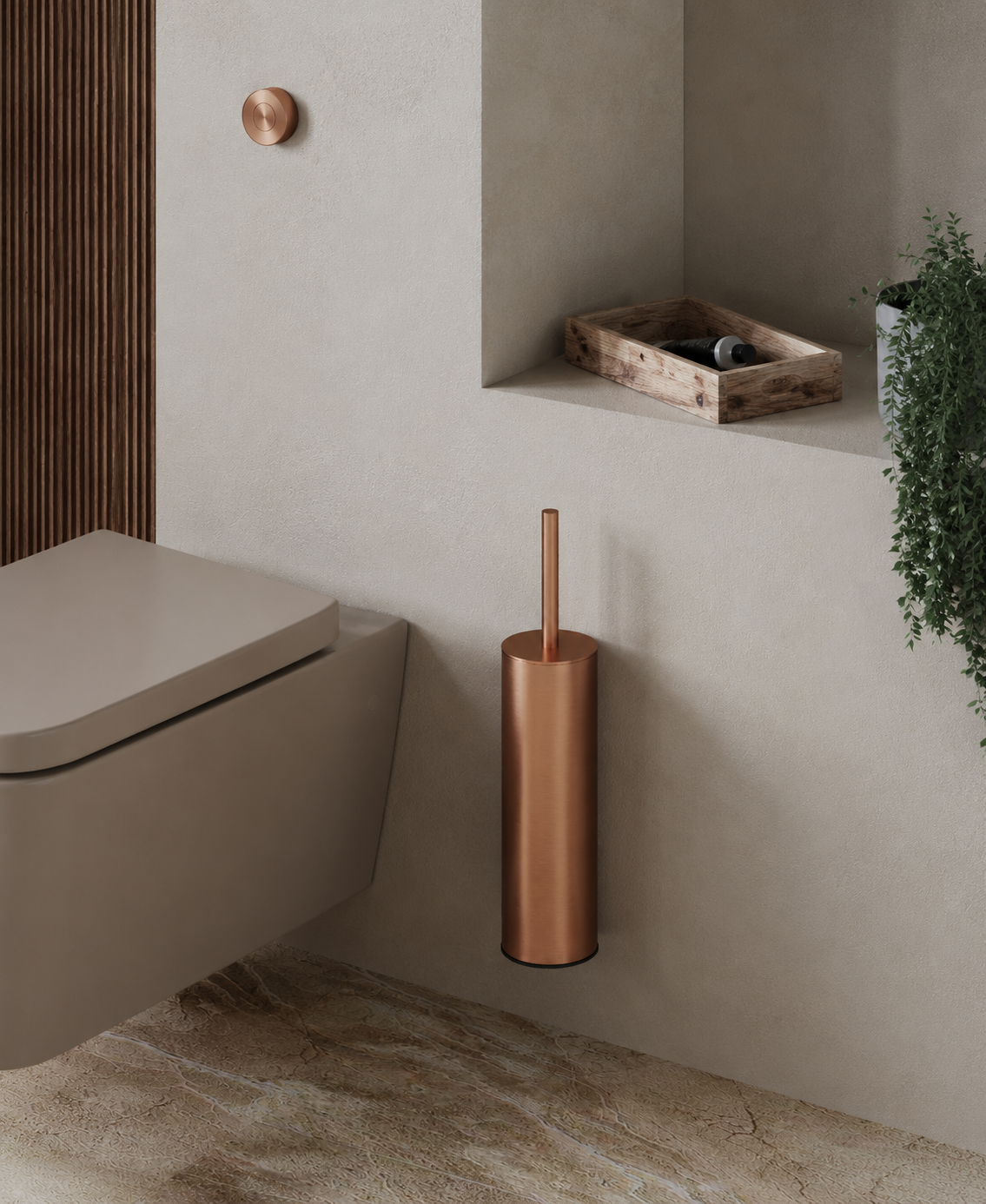 Brushed gold wall-mounted toilet brush