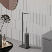 Matte black freestanding toilet paper holder with toilet brush