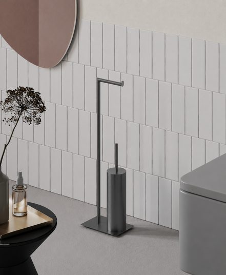 Matte black freestanding toilet paper holder with toilet brush