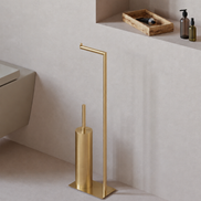 Matte black freestanding toilet paper holder with toilet brush