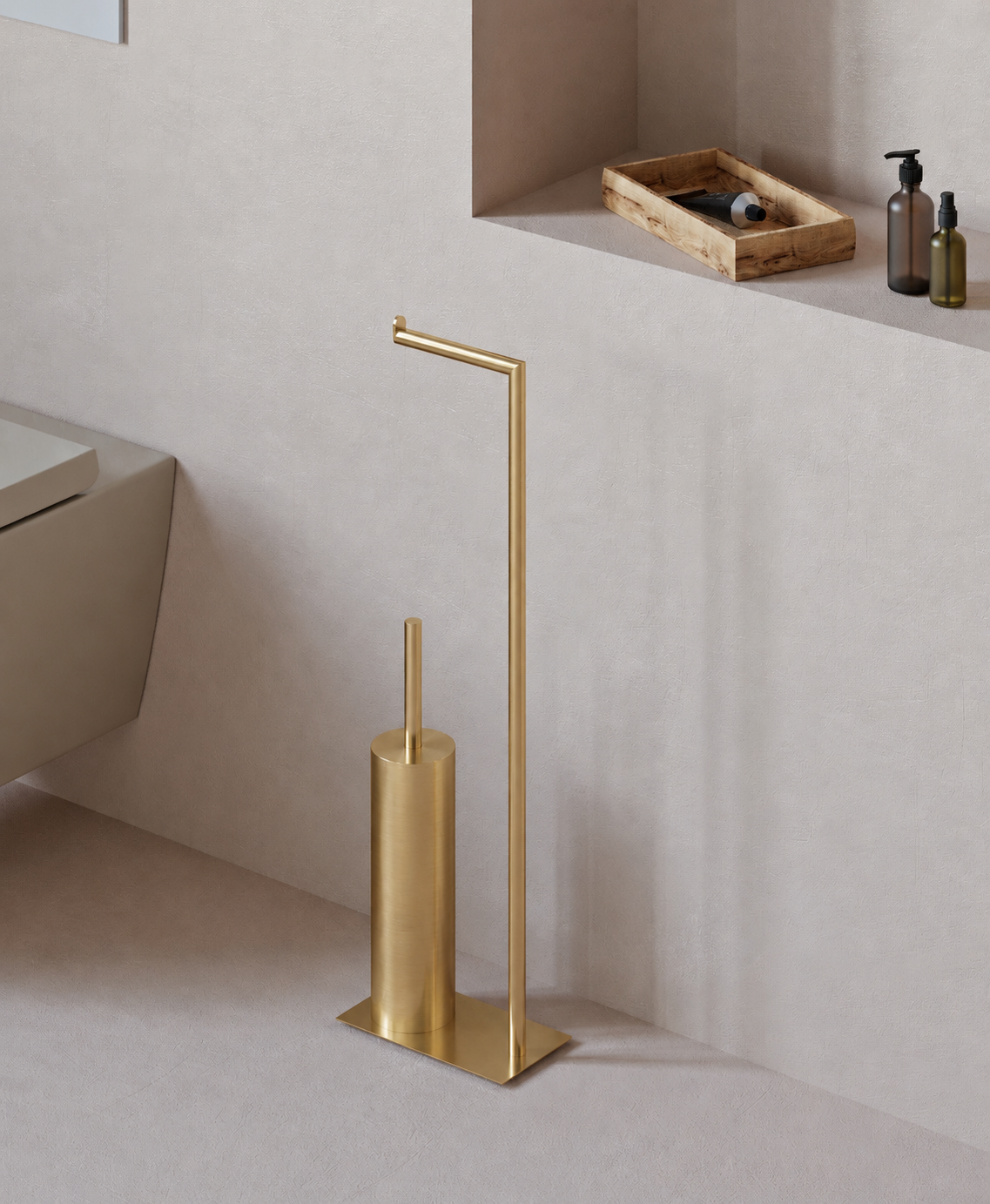 Matte black freestanding toilet paper holder with toilet brush