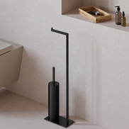Matte black freestanding toilet paper holder with toilet brush