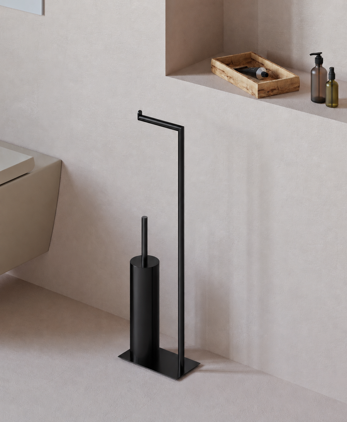 Matte black freestanding toilet paper holder with toilet brush