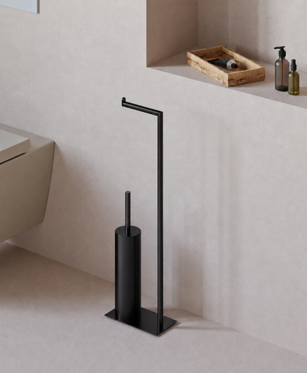 Matte black freestanding toilet paper holder with toilet brush