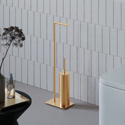 Brushed copper freestanding toilet paper holder with toilet brush