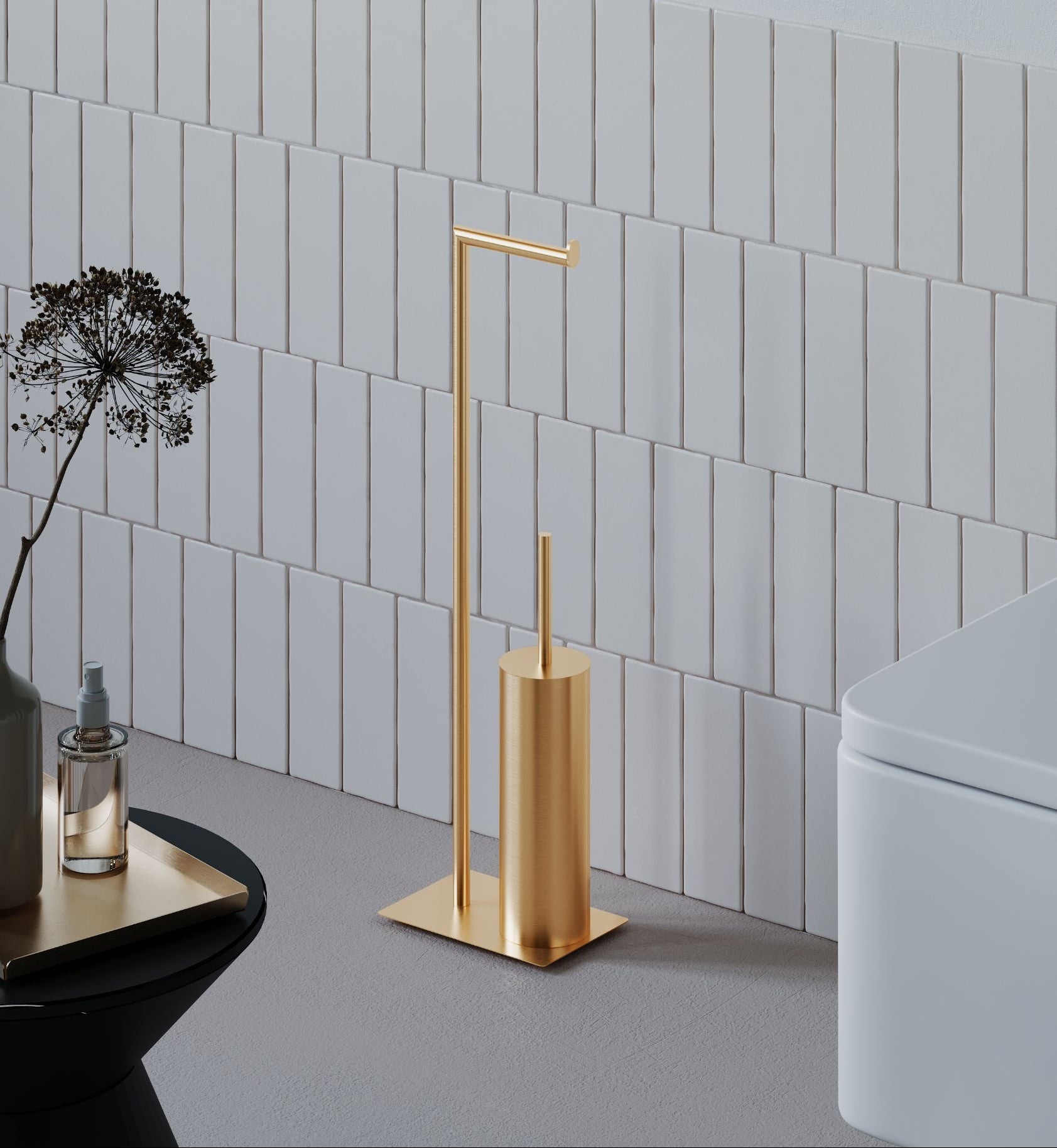 Brushed copper freestanding toilet paper holder with toilet brush
