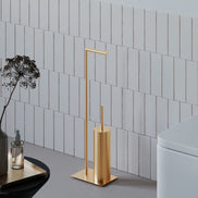 Matte black freestanding toilet paper holder with toilet brush