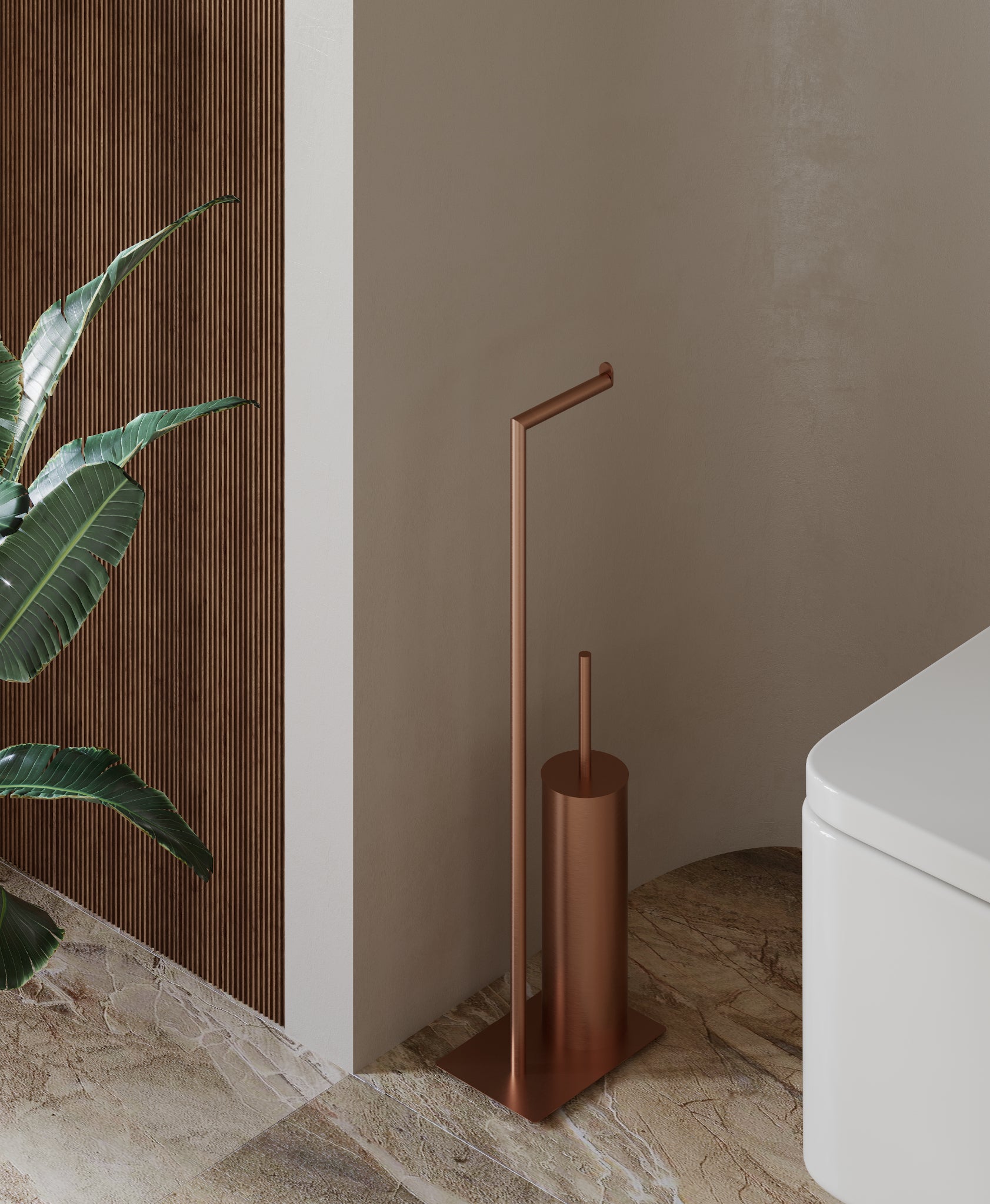 Matte black freestanding toilet paper holder with toilet brush