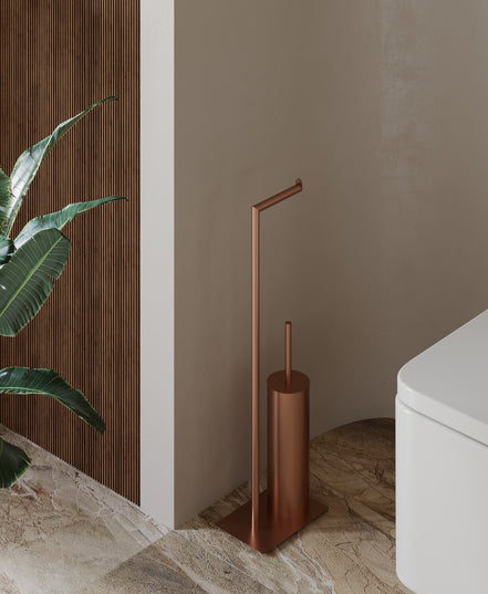 Matte black freestanding toilet paper holder with toilet brush
