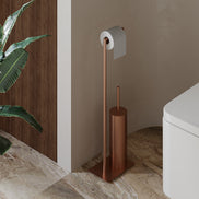 Matte black freestanding toilet paper holder with toilet brush