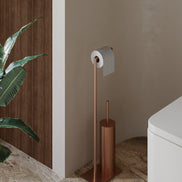 Brushed copper freestanding toilet paper holder with toilet brush
