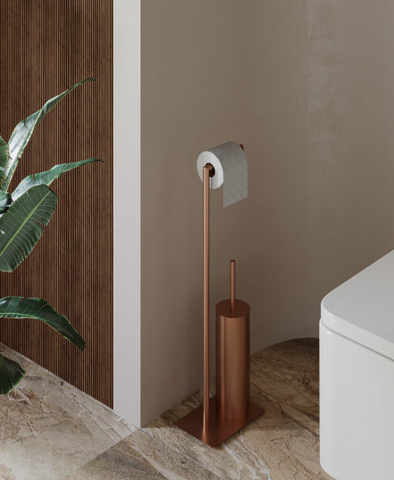 Brushed copper freestanding toilet paper holder with toilet brush