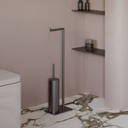 Matte black freestanding toilet paper holder with toilet brush