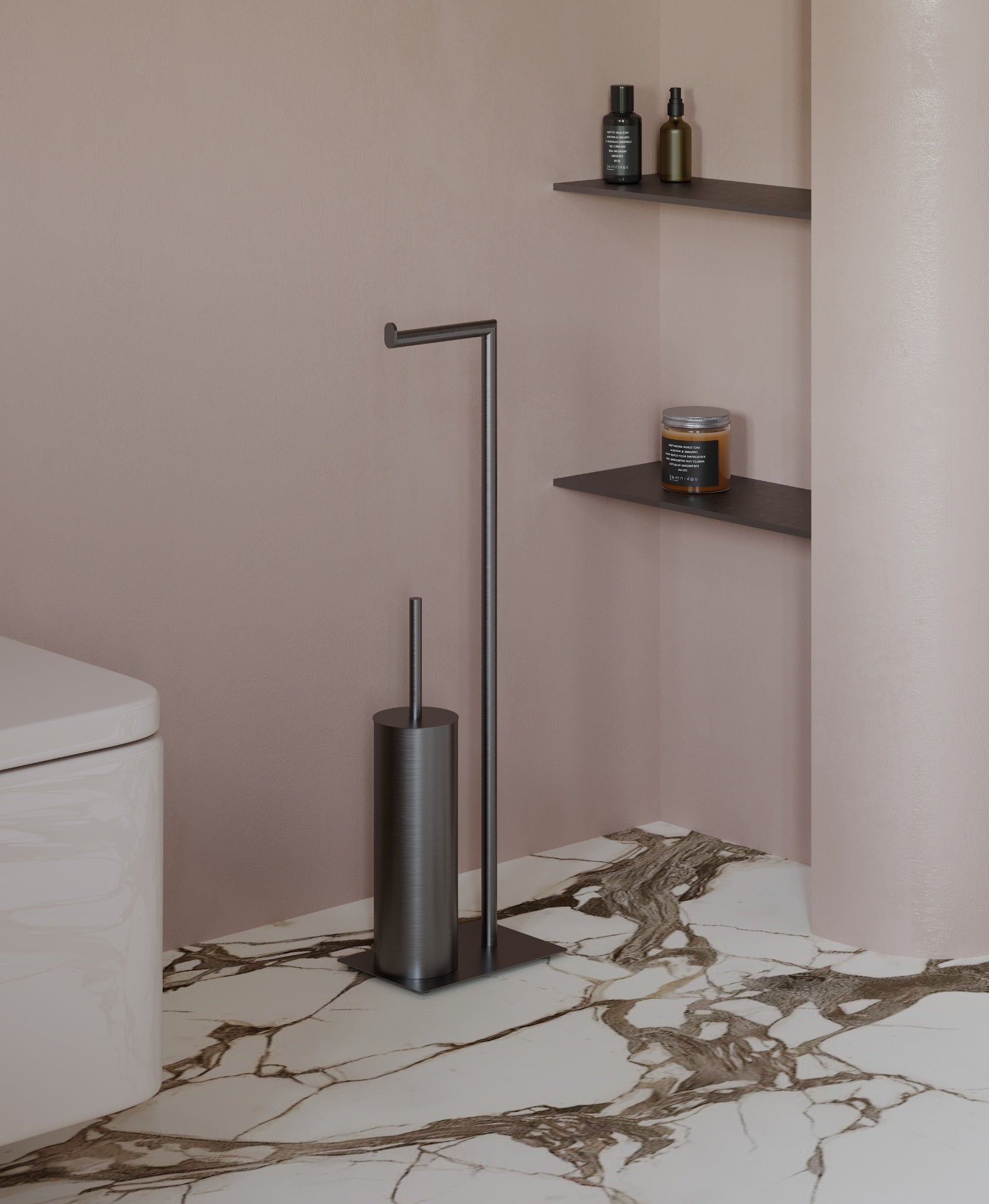 Matte black freestanding toilet paper holder with toilet brush