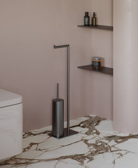 Matte black freestanding toilet paper holder with toilet brush
