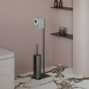 Brushed copper freestanding toilet paper holder with toilet brush