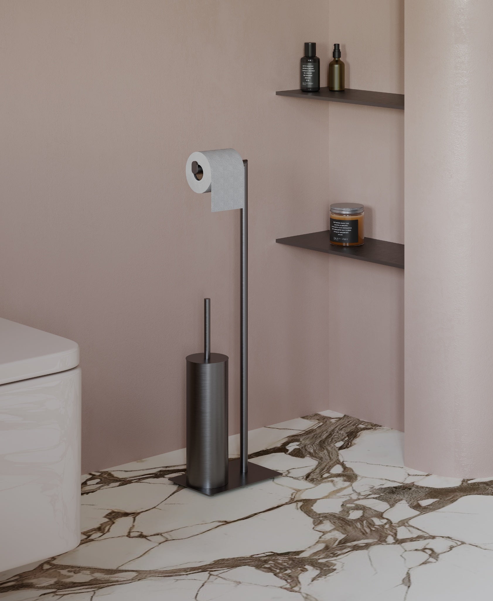 Brushed copper freestanding toilet paper holder with toilet brush