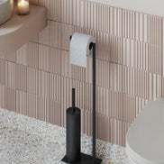 Matte black freestanding toilet paper holder with toilet brush