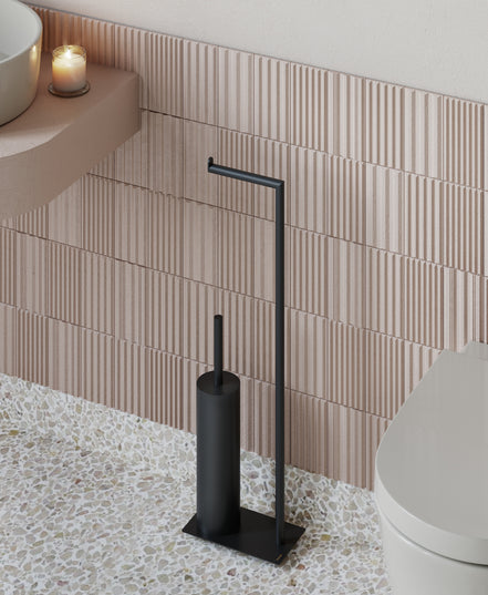 Matte black freestanding toilet paper holder with toilet brush