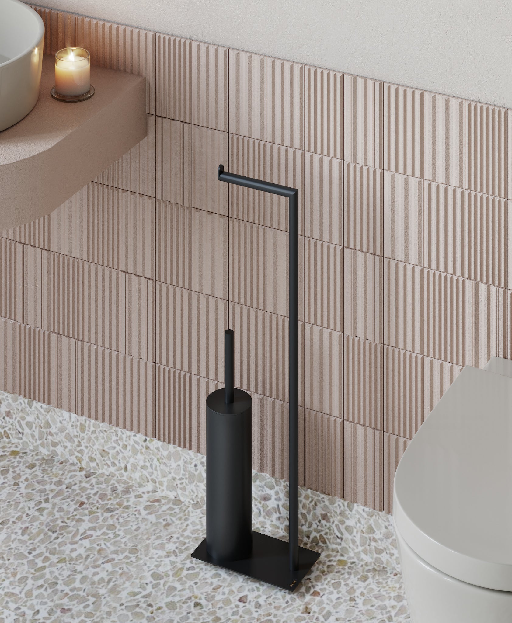 Matte black freestanding toilet paper holder with toilet brush