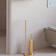 Matte black freestanding toilet paper holder with toilet brush