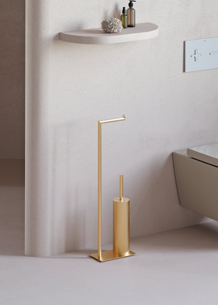 Freestanding toilet paper holder with toilet brush brushed gold