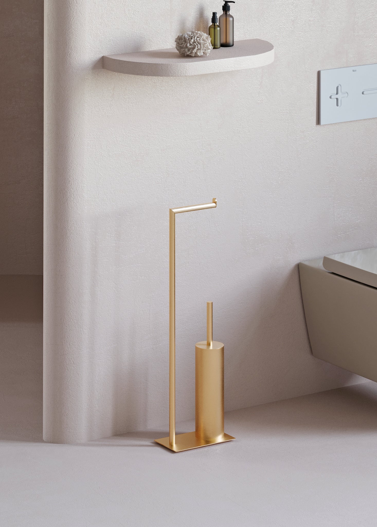 Freestanding toilet paper holder with toilet brush brushed gold