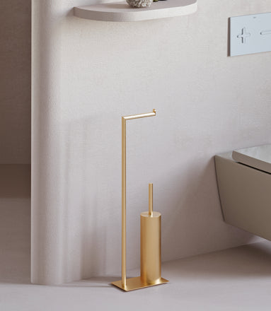Freestanding toilet paper holder with toilet brush brushed gold