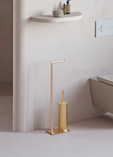 Freestanding toilet paper holder with toilet brush brushed gold