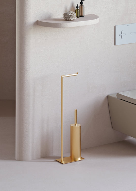 Freestanding toilet paper holder with toilet brush brushed gold