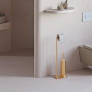 Matte black freestanding toilet paper holder with toilet brush