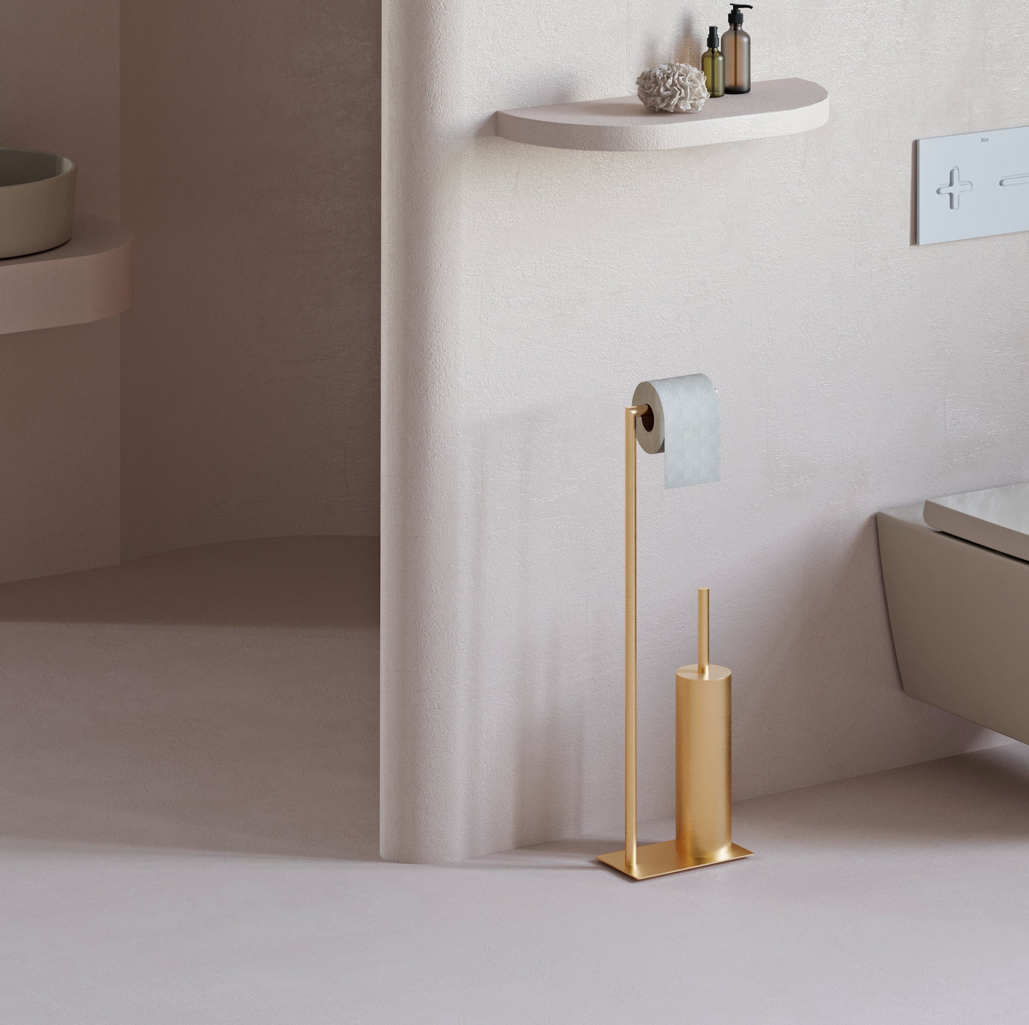Freestanding toilet paper holder with toilet brush brushed gold
