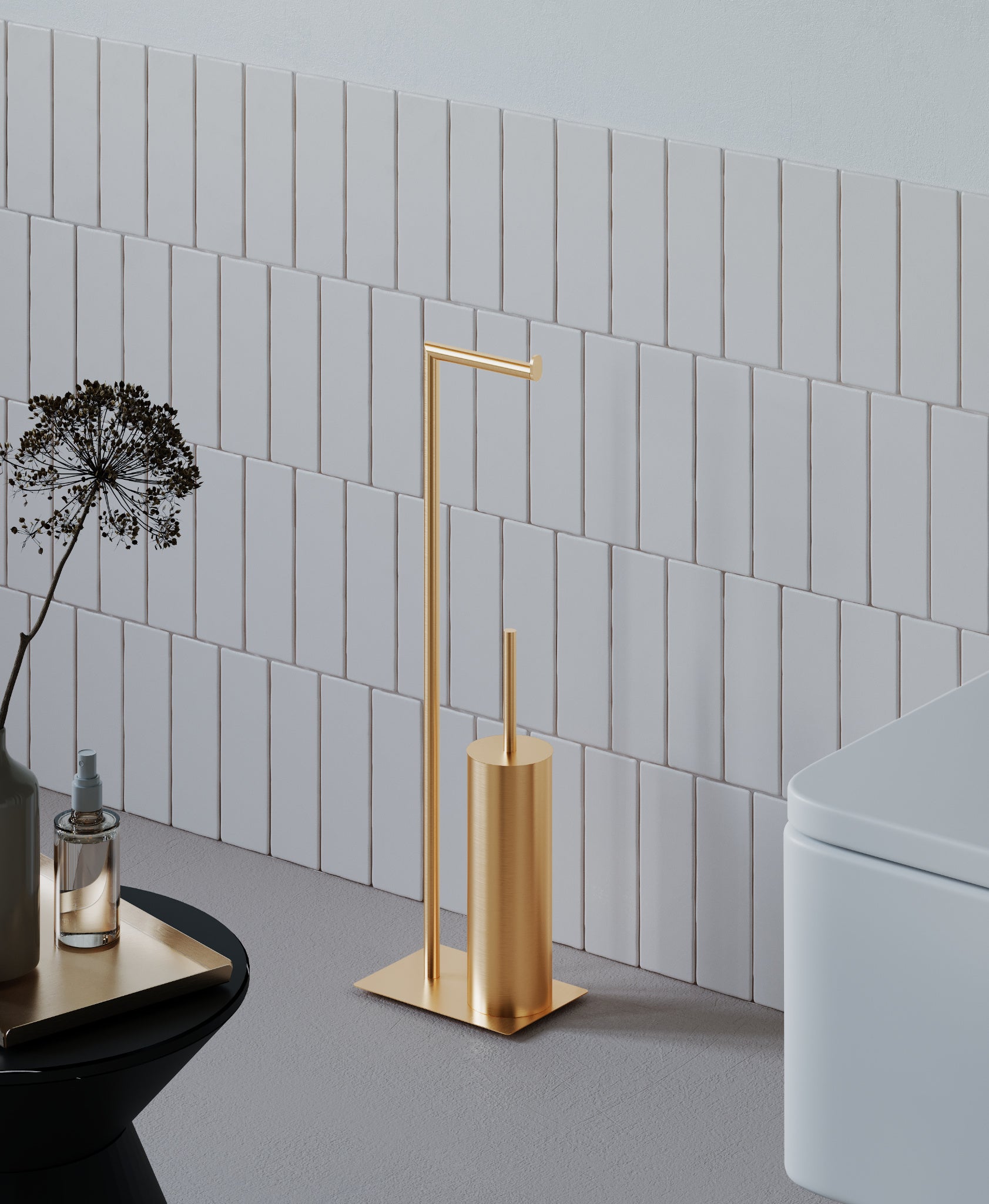Freestanding toilet paper holder with toilet brush brushed gold