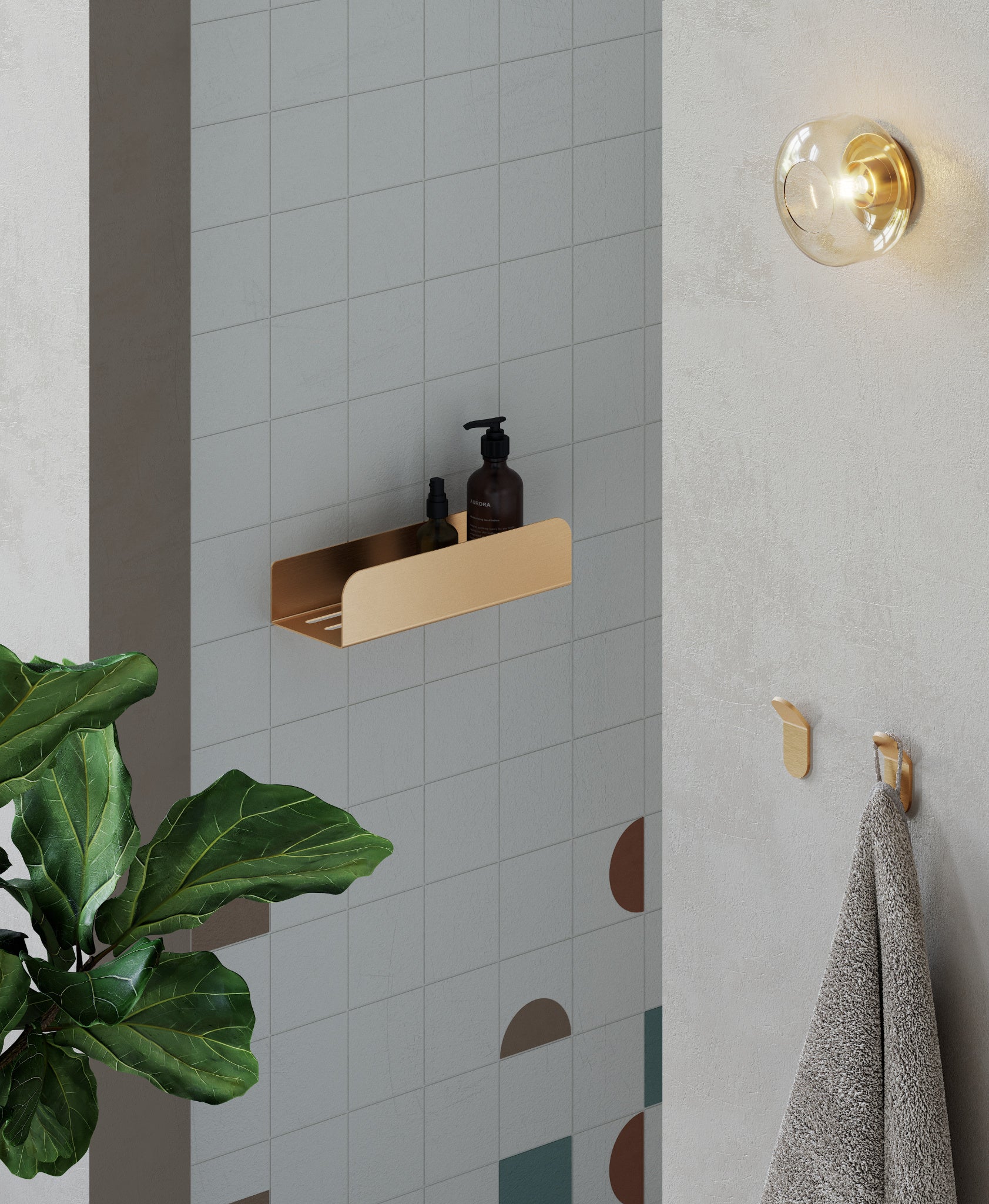 Brushed gold shower shelf